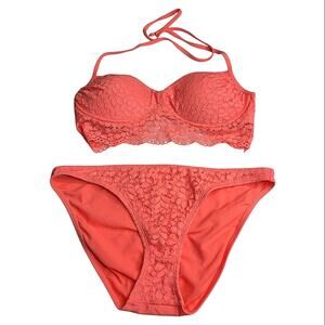 Coquette Coastal Coral Lace Ruffle Trim Push Up‎ Halter Top Bikini Med/Large